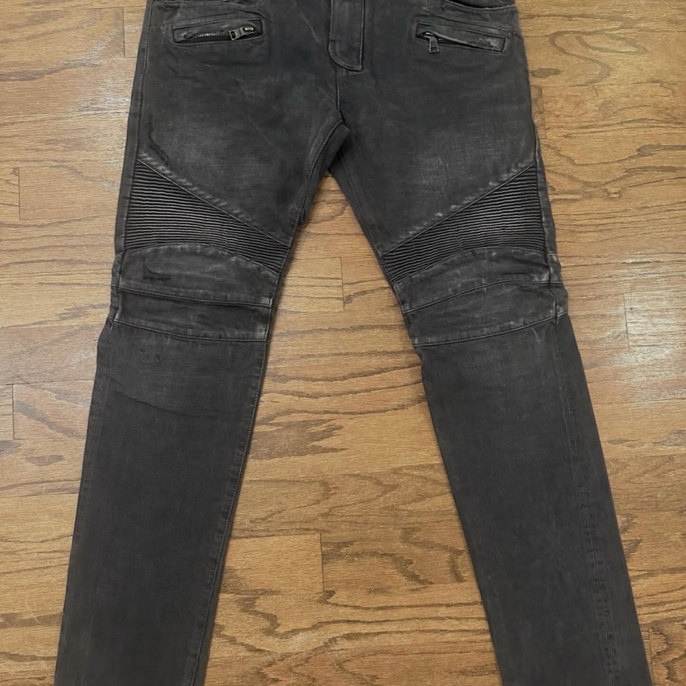 Balmain Men's Grey Denim Biker Jeans
